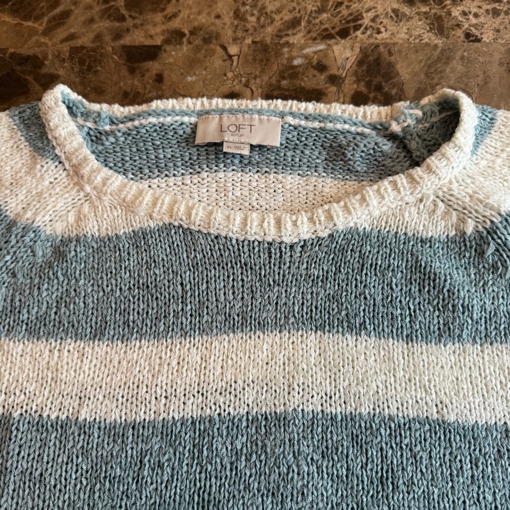 LOFT Blue and Cream Crew Neck Sweater - Picture 7 of 11